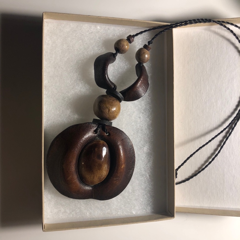 Amber leather and wood necklace
